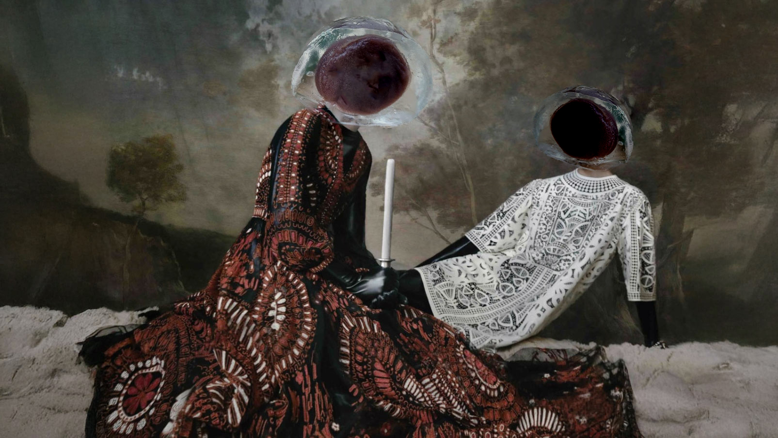 two women posing in pattern dresses